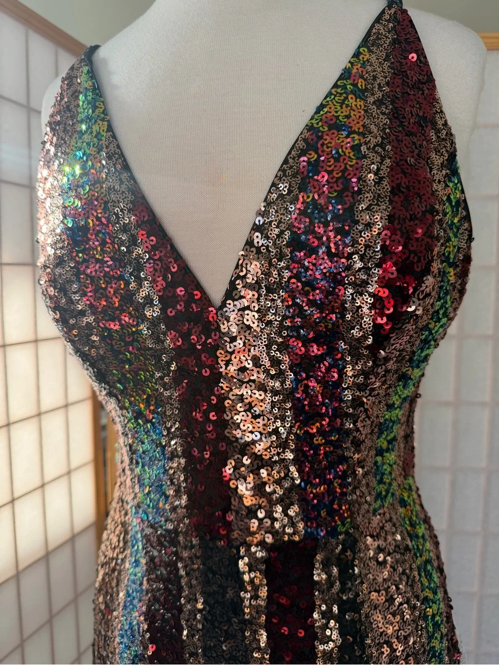 Dress the Population Strappy Rainbow Stripe Sequined Jumpsuit with V-Neck - Picture 3 of 6